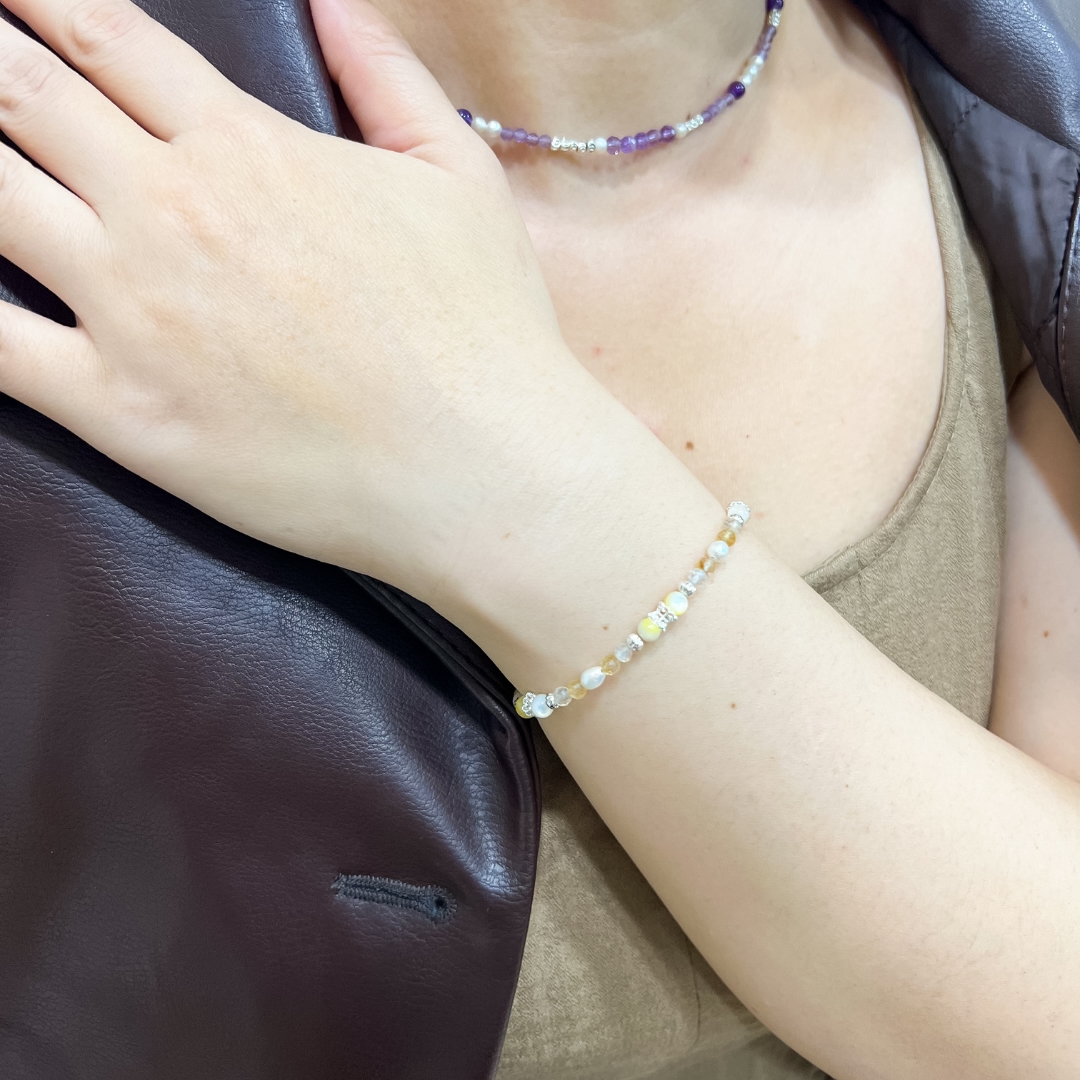 檸檬糖 Lemon Candy|糖果系列|黃水晶淡水珍珠金絲硨磲手鍊